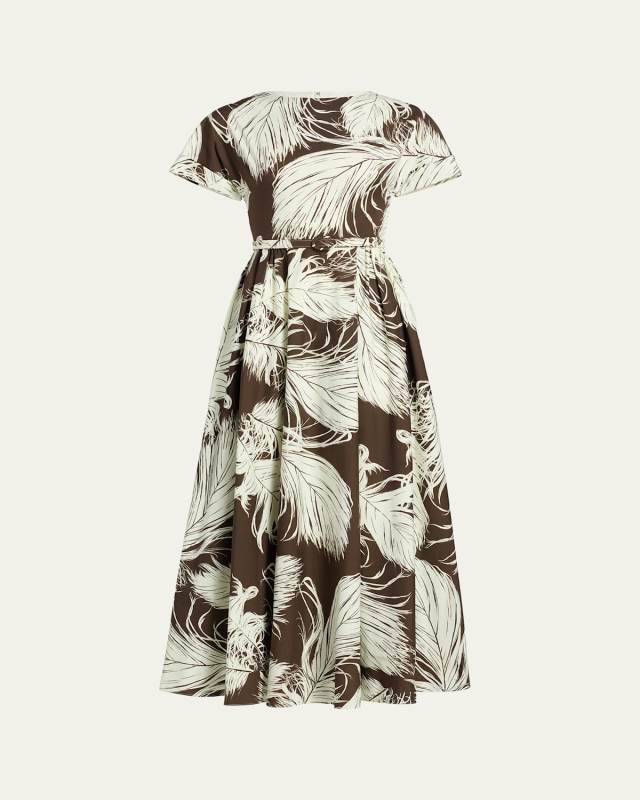 Feather-Print Short-Sleeve Belted Fit-&-Flare Ankle Dress